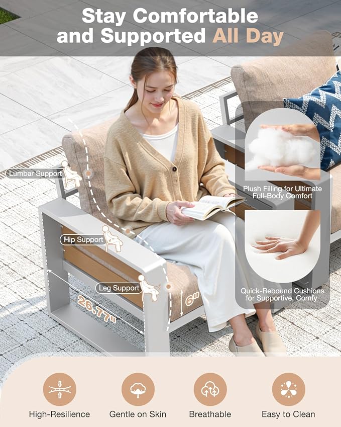 Aoxun Aluminum Patio Furniture Set with Fire Pit Table, 5 Seats Luxury Outdoor Sectional with 6" Olefin Fabric Cushions, Patio Conversation Sets with Coffee Table for Backyard, Deck Beige