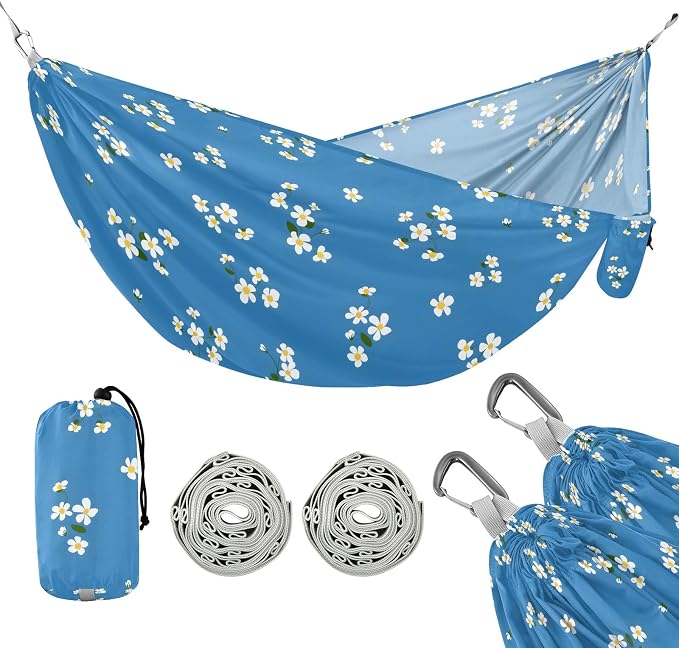 Camping Hammock Outdoor Hammocks for Outside Blue White Flower Beach Trees Portable Lightweight with Pockets Tree Straps Indoor