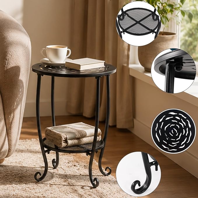Metal Round Side Table Set of Two Black Accent Coffee Tables Small Space Corner Plant Stand Shelf for Indoor Outdoor Porch Patio Balcony Living Room End Table with Storage