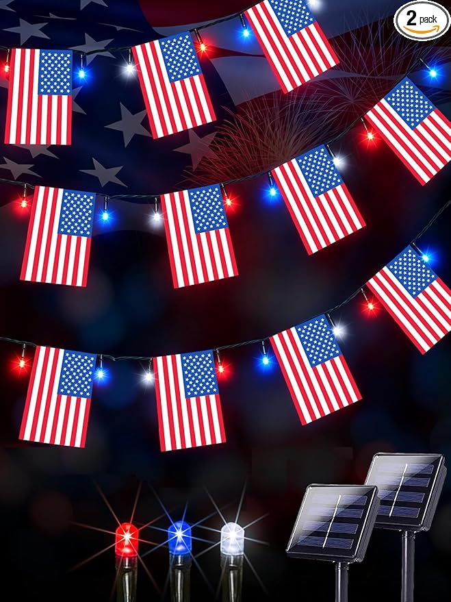 4th of July Decorations 2 Pack 100 LED Solar American Flag Lights Outdoor | 50 USA Flags, 8 Modes, Memory Function, Auto On/Off, 37.6FT Waterproof String Lights for 250th Anniversary Patriotic Decor
