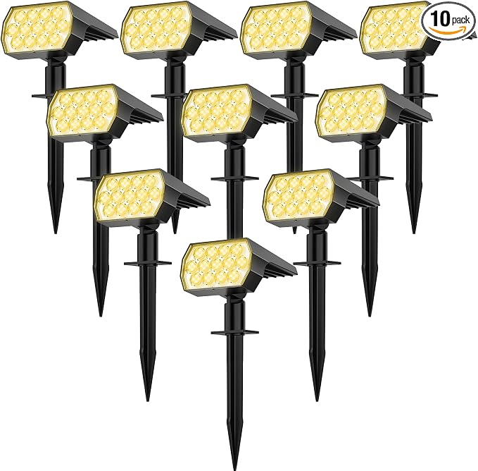 Solar Lights Outdoor, IP68 Waterproof, 65 LED, Warm White, 10 Pack | Long Lasting, 3 Lighting Modes, Auto On/Off, Adjustable Solar Panel, Solar Spot Light for Garden Landscape Yard Outside Tree