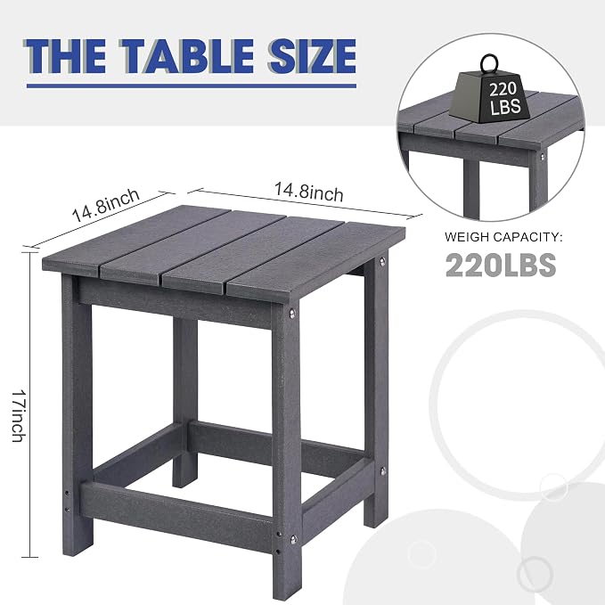 LZRS Patio End Table, Heavy Duty HDPE Outdoor Coffee Table with Wood Texture, Weatherproof Composite Table for Adirondack Chairs, Deck, Pool, Indoor/Outdoor, No Peeling or Cracking(Grey)