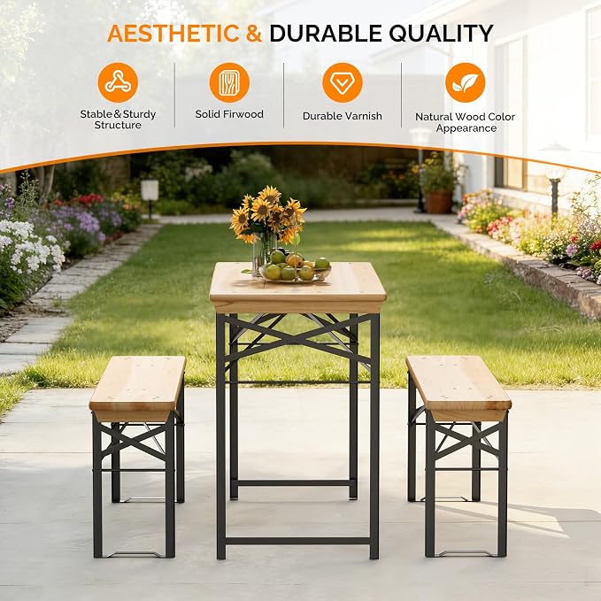 VINGLI 45 Inch Folding Picnic Tables with Benches Set, Weather-Resistant Wooden Beer Garden Table Bench, 3-Piece Portable Fold Up Camping BBQ Table,Natural Wood Color