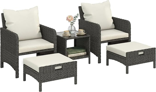 Outsunny 5 Piece Patio Furniture Set, Wicker Balcony Furniture with 23.6" Wide Deep Seat, 2 Ottomans, Glass Coffee Table, Cushions, Rattan Outdoor Conversation Patio Set for Garden Porch, Beige