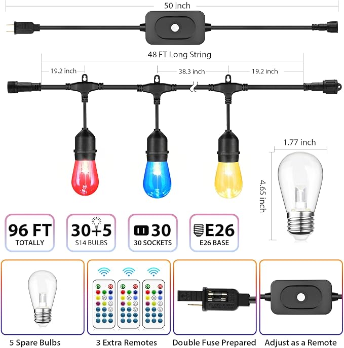 Mlambert Multicolor 96FT(2x48FT) LED Patio String Lights with Remote, Black | Plug in, 8 Lighting Modes, 30+5 S14 RGB Edison Bulbs, Dimmable, Shatterproof, Waterproof, Connectable, for Backyard Garden