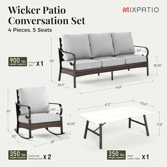 MIXPATIO Patio Furniture Set with Coffee Table, Outdoor Conversation Set with 2 x Rocking Chairs, 1 x 3-Seat Sofa for Lawn Garden Backyard, Light Grey