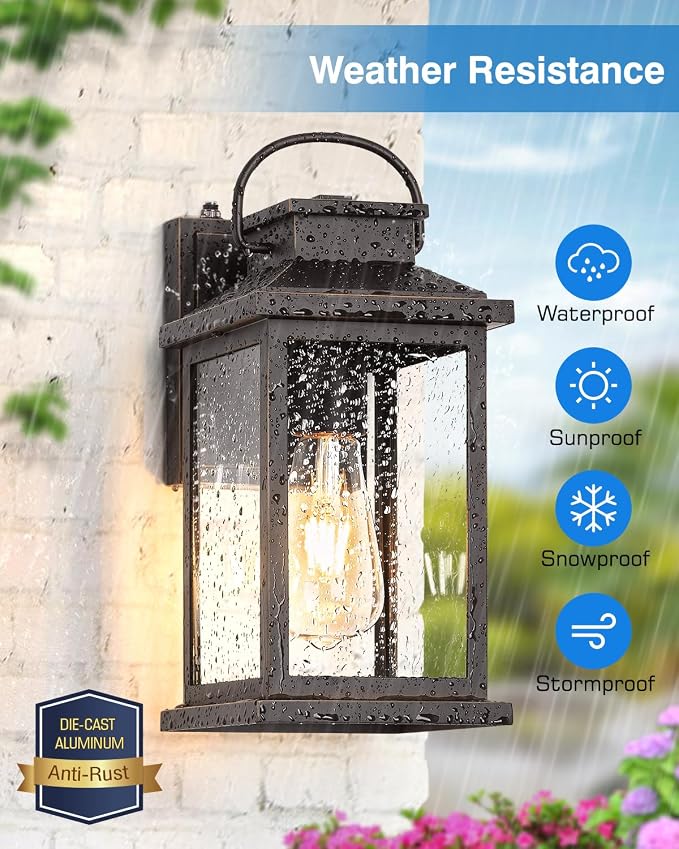 VIANIS Dusk to Dawn Outdoor Light Fixtures Wall Mount, Farmhouse Oil Rubbed Bronze Exterior Wall Sconce Lanterns Lighting for House, Waterproof Outside Front Door Light with Tempered Glass for Porch | Farmhouse ORB Gold Trim Exterior Wall Sconce Lanter...