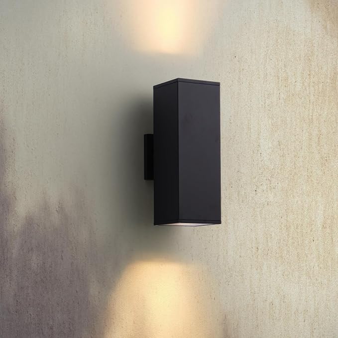 mirrea 14" Modern Outdoor Porch Light, 2 Lights, Oil Rubbed Bronze, 2 Pack | Patio wall sconce, aluminum rectangular tube, tempered glass, waterproof. Up & down lighting for outdoor wall mount fixture.