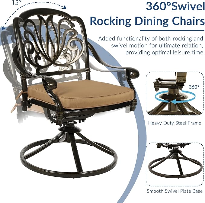 9-Piece Patio Cast Aluminum Dining Set, 8 Person Outdoor Dining Furniture Set, Includes 8 Swivel Dining Chairs and 61" Large Round Dining Table with 31" Lazy Susan, Umbrella Hole, Tan
