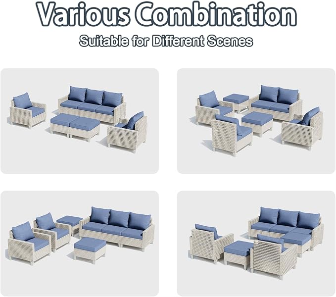 Outdoor Patio Furniture Set with Fire Pit Table 15-Piece Modular Wicker Sectional Sofa with Ottomans and Thick Cushions, Modern Rattan Outdoor Conversation Couch, Navy