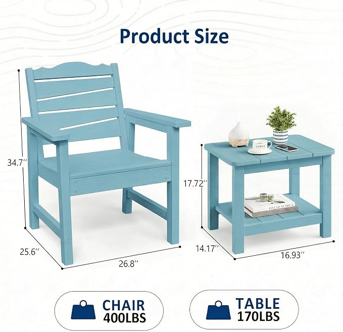 Patio Chairs Set, 3 Pieces Weatherproof HIPS Outdoor Furniture, Patio Chairs Conversation Sets with Side Table for Garden Porch Lawn & Backyard (Lake Blue)