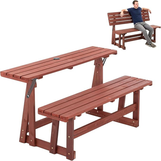 2-IN-1 Convert A Bench Picnic Table Wood Bench to Table With Umbrella Hole | Convertible Wood Bench with Backrest,Foldable Space Saving,Easy to Assemble &Clean,Portable, Ideal for Patio, Porches, Garden