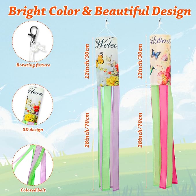 NOVWANG Spring Windsock, 2 Pcs 40 Inches Wind Socks for Outside, Hummingbird Butterfly Windsock Outdoor Decor Windsock Flag Hanging Decor for Wall Tree Patio Lawn Gard