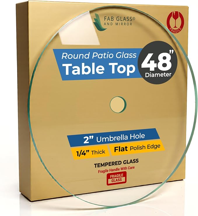 48 Inch Round Tempered Glass Table Top with 2 Inch Umbrella Hole – 1/4 Inch Thick Clear Glass with Polished Edge Perfect for Patio, Garden, and Outdoor Tables by Fab Glass and Mirror
