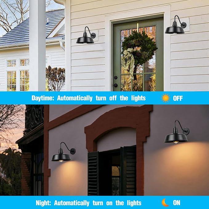 Gooseneck Barn Light, 12.6" Dusk to Dawn Black Outdoor Wall Sconce | Weatherproof Steel Exterior Large Lighting Fixture, E26 Base, Easy DIY Install for Porch, Garage, Barn, Farmhouse(1 PC)