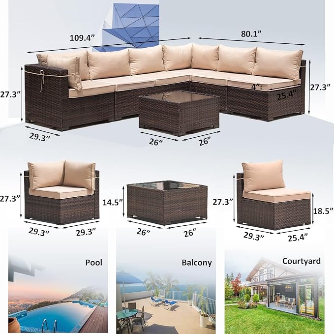 7 Pieces Outdoor Patio Furniture Sets,Wicker Conversation Set Sectional Sofa,Includes 6 All-Weather High Back PE Rattan Seating Components w/Thickened Cushions&Coffee Table,Sand