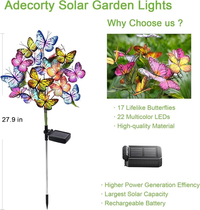 Adecorty Solar Garden Lights Outdoor Waterproof Decorative Solar Lights Outdoor 8 Pack with 176 LED 136 Butterfly Flower Garden Decor Yard Decorations Patio Lawn, Gifts for Mother's Day Mom Women