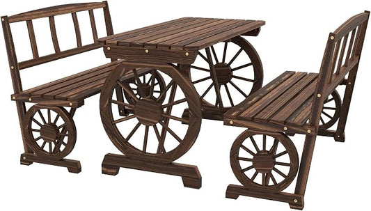 3-Piece Carbonized Pine Patio Dining Set: Wagon Wheel Table & 2 Benches (45.25" L), Rustic Outdoor Furniture for 4-Person, Rain-Ready Slatted Design