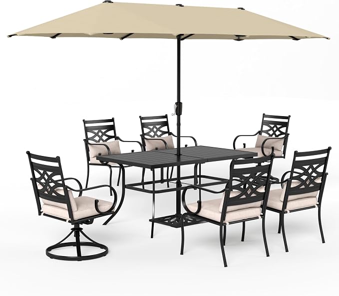 Sophia & William Patio Dining Set, 13ft Umbrella, Swivel Chairs, Beige | Seats 6, Cushions