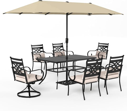 Sophia & William Patio Dining Set, 13ft Umbrella, Swivel Chairs, Beige | Seats 6, Cushions