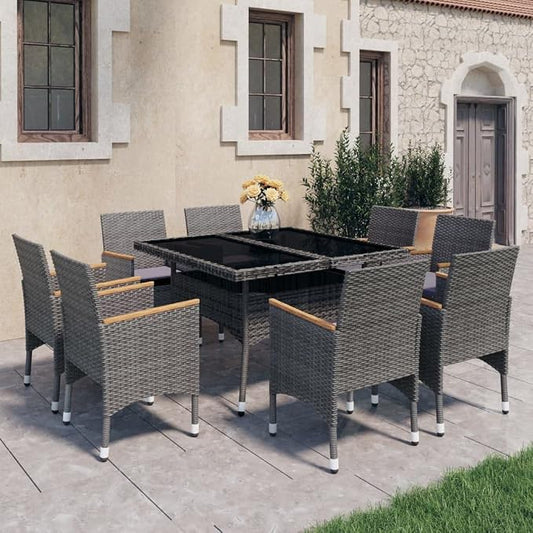 9-Piece Outdoor Dining Set in Grey and Brown with Square Table and 8 Armchairs, Durable Poly Rattan and Acacia Wood Furniture for Patio, Weather-Resistant Comfort Seating