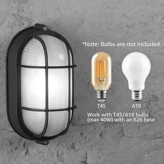 LEONLITE 2-Pack 8.5'' Bulkhead Light, Oval Bulkhead Wall Light, E26 Base | Match with 40W Bulb, ETL & UL Listed, Aluminum with Frosted Glass, Nautical Outdoor Lighting, Wall & Ceiling Mount
