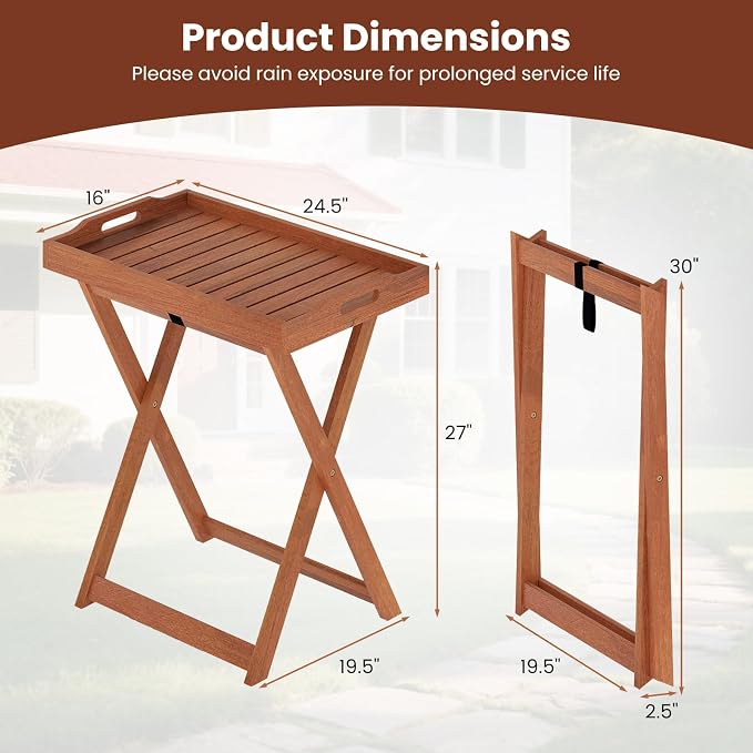 Giantex Outdoor Side Table Set of 2, Wooden Folding Table with Removable Tray Top, Food Serving Tray with Stand for Patio, Porch, Garden, Backyard & Poolside