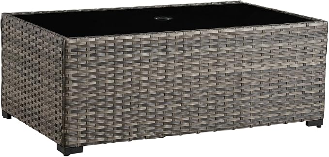 HOOOWOOO Outdoor Patio Coffee Table with Umbrella Hole, All-Weather Handwoven PE Wicker Rattan Rectangle Bistro Side End Table with Storage Shelf