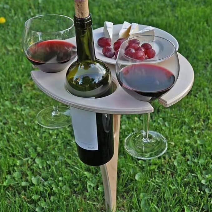 Outdoor Wooden Folding Wine Table, Ground Insert with Glass Holder | Solid Rubber Wood, Detachable Foldable, Bottle Glass Holder, Easy to Store, for Lawn Garden Picnic Beach