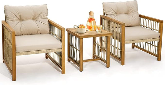 HAPPYGRILL 3 Pieces Patio Furniture Set, PE Wicker Conversation Set with Soft Seat & Back Cushions, Stable Acacia Wood Frame, Outdoor Sofa Set for Backyard, Porch, Poolside