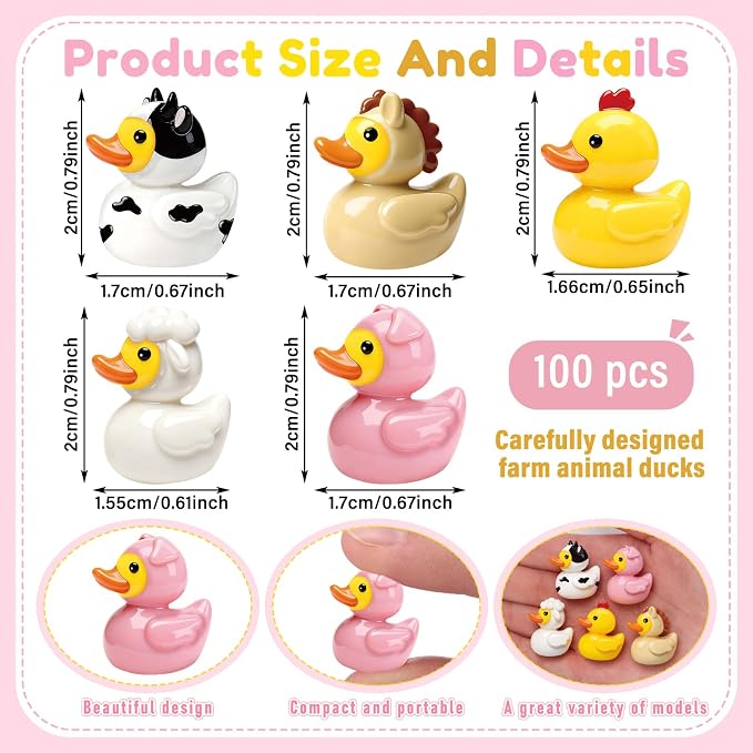 Novabright 100 Pcs Mini Resin Farm Animals Ducks Tiny Resin Animals Ducks Figures Small Animal Statue for DIY Cake Craft Garden Landscape Ornament Potted Decoration Birthday Party Supplies
