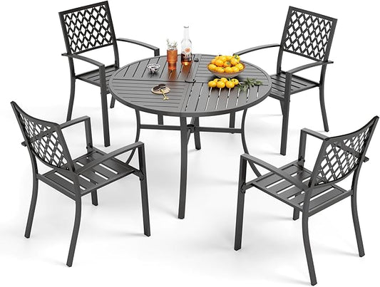 PHI VILLA 5 Pcs Outdoor Dining Set for 4&Round Steel Table | Metal Table w/Umbrella Hole&Stacking Wrought Iron Chairs,Modern Furniture Set for Patio,Deck,Backyard,Porch
