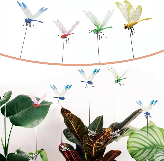8-Pack Fake Dragonfly Clips, 3D Outdoor Garden Stakes | 3d Realistic Design, Sturdy Clip-On & Garden Stakes, Weatherproof Plastic, Mimics Natural Predator Of Horse Flies