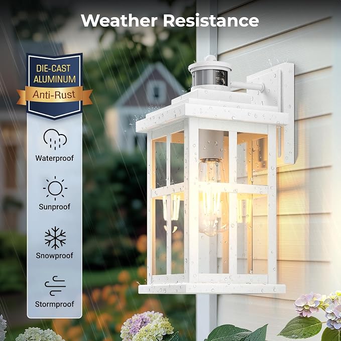 Large White Outdoor Wall Lights, Motion Sensor Porch Light Outdoor, Dusk to Dawn Outdoor Light Fixtures, Waterproof Outside Lights for House, Garden, Front Porch, Tempered Glass, Anti-Rust