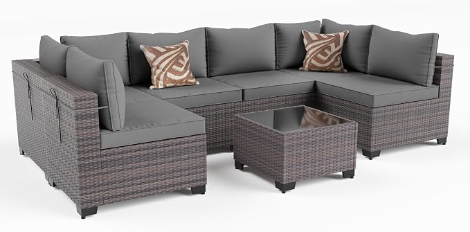 Kullavik 7 Pieces Outdoor Patio Furniture Set,Wicker Outdoor Sectional Sofa,All-Weather Patio Conversation Sets with Washable Thick Cushions & Coffee Table for Garden,Backyard,Balcony,Porch,Grey