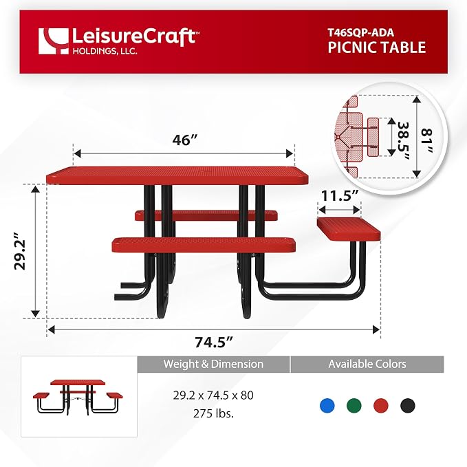 Leisure Craft Metal Picnic Table with Bench - 46" Square Outdoor Dining Table with Umbrella Hole, Heavy Duty Thermoplastic Coating, ADA Compliant, Commercial Grade Furniture Made in USA - Red
