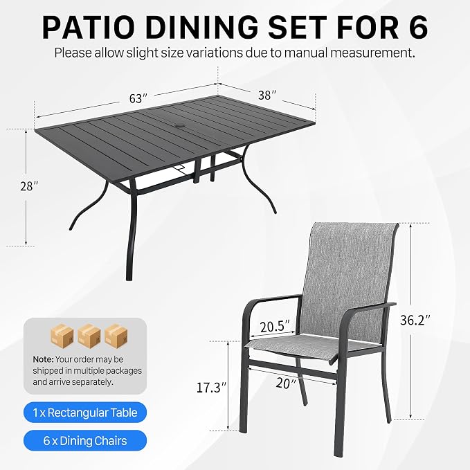Anmutig 7 Pieces Outdoor Patio Dining Set with Umbrella Hole, 63" Large Rectangle Table with Heavy Duty Steel Frame, Outdoor Furniture Set for Backyard, Deck, Garden