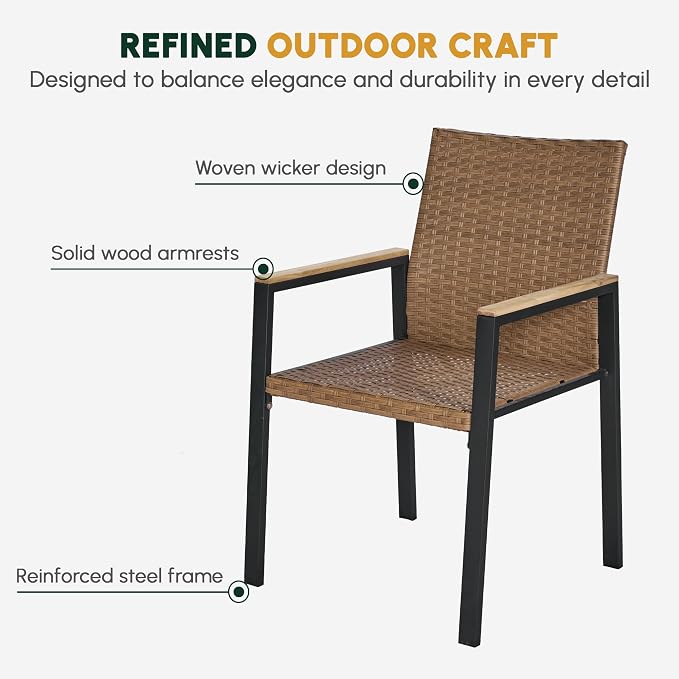 BEEFURNI Wicker Patio Furniture Dining Set, Outdoor Patio Table and Chairs Set, Rattan Outdoor Furniture Set, Acacia Wood Table, Chairs, Weather Proof Set for Porch, Backyard (Brown)