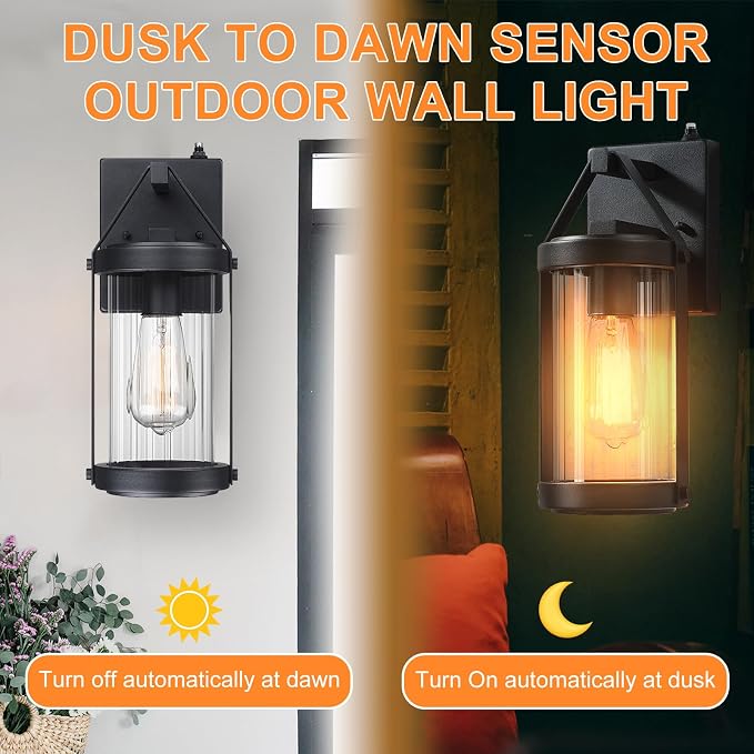 Dusk Dawn Sensor Outdoor Wall Sconce Black Exterior Porch Lantern | Waterproof Outside Garage Light Fixtures Wall Mount for House Patio Entryway