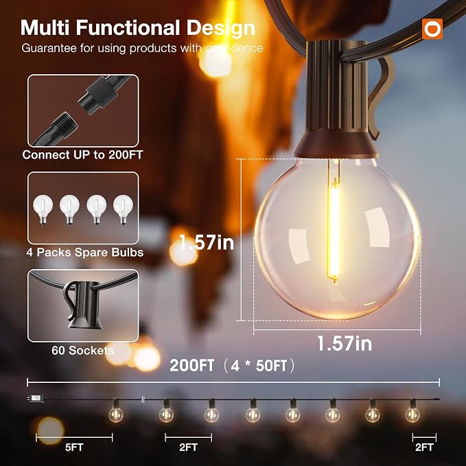 addlon 200FT Outdoor String Lights G40 LED Remote Dimmable Waterproof | Shatterproof Globe Bulbs Dimmable, Hanging Patio Lighting for Outside Backyard Garden Deck Balcony Porch Cafe Bistro Pergola