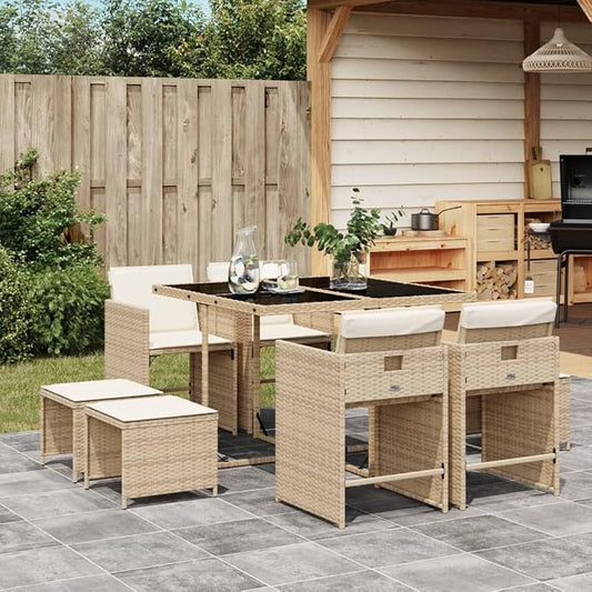 9 Piece Patio Dining Set with Cushions Beige Outdoor Poly Rattan Table and 4 Folding Chairs for Garden Backyard Deck Seating