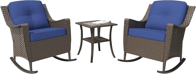 3 Pieces Patio Rocking Chairs, 2 High Back PE Rattan Furniture Set and Side Table, Outdoor Wicker Furniture Set, All Weather Patio Set with Waterproof Cushion for Porch and Deck