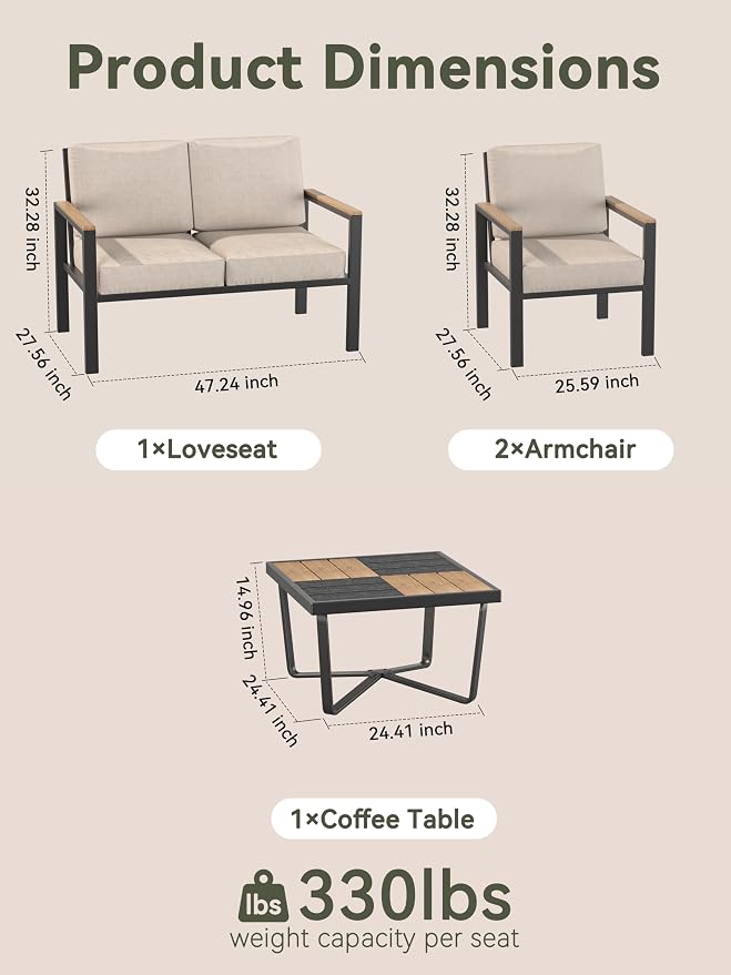 4 Piece Patio Furniture Set, All-Weather Sectional Sofa with 4 Inch Thick Cushions, 210g Fade-Resistant Spun-Dye Fabric, Outdoor Conversation Set with Coffee Table, Beige