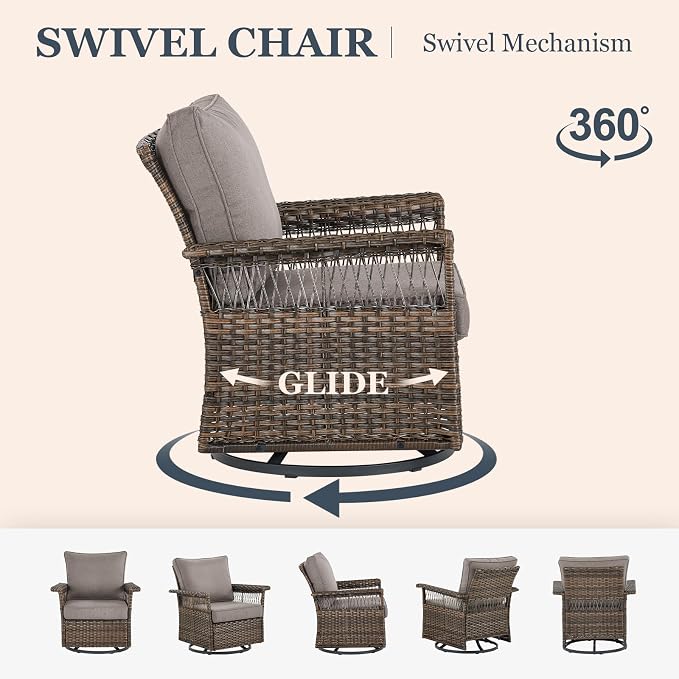 Patio Conversation Set 2 Wicker Swivel Glider Chairs with PE Rattan Side Table Set 3pcs Brown Wicker Patio Furniture with Grey Cushions Set for Garden Balcony Backyard Poolside
