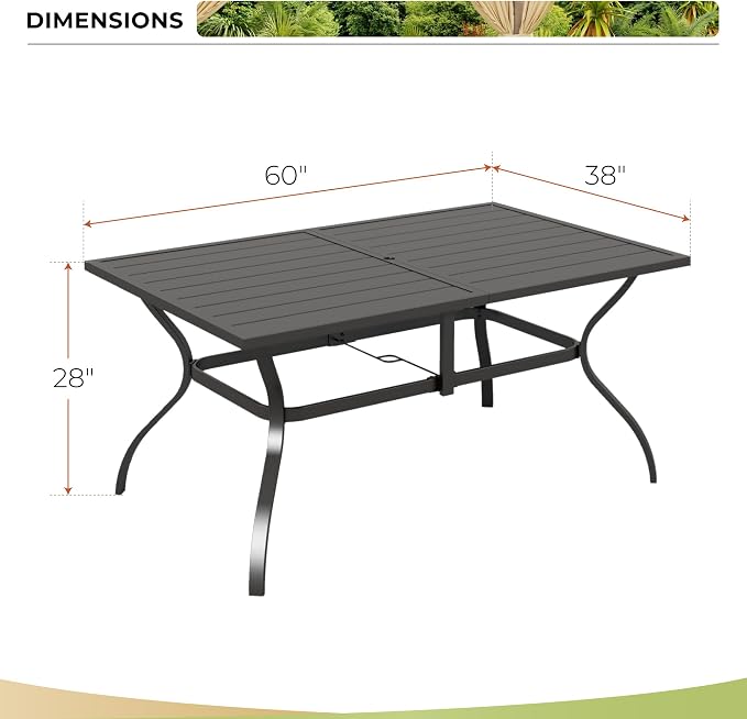 MIXPATIO Outdoor Patio Dining Table for 6, 60" x 37" Rectangular Metal Patio Dining Table with Umbrella Hole for Garden, All Weather Wrought Iron Black Outdoor Table Backyard and Porch, Black