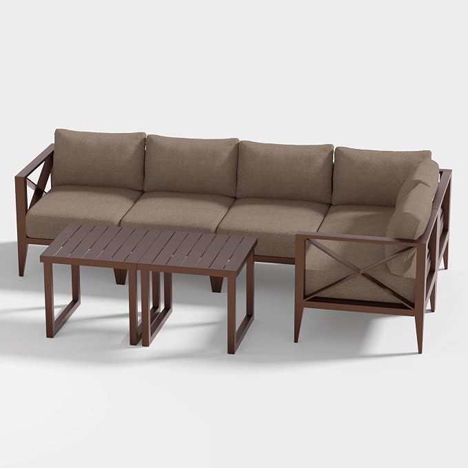 Outdoor Aluminum Patio Furniture Set, 5-Seats Patio Conversation Sofa Set with 1 Corner Sofa and 2 Coffee Tables, All Weather for Pool, Balcony, Garden-Brown