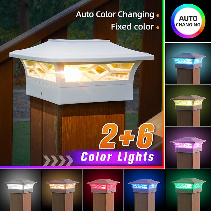 APONUO Solar Post Cap Lights with 8 RGB Colors and Multicolor Flow, Ultra-Bright Clear Lens, IP65 Waterproof for 4x4 5x5 6x6 Wood & Vinyl Fence Posts, 8 Pack White