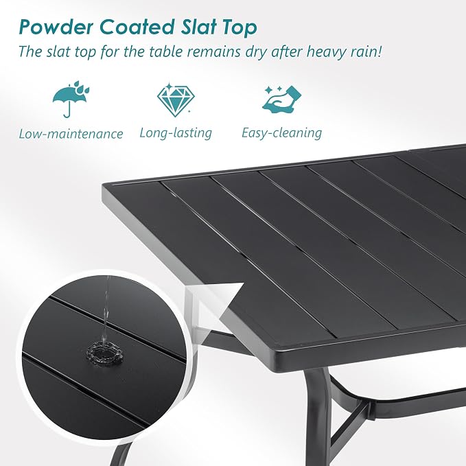 Thanaddo 57" Outdoor Patio Dining Table, Metal Rectangular Table with 2.16" Umbrella Hole, Weather-Resistant Slatted Steel Table for Backyard, Garden, Poolside, Black
