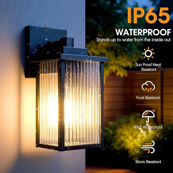 2-Pack 13" Black Dusk to Dawn Wall-Mounted Exterior Light Fixtures | Auto On and Off, Anti-Rust Metal Frame, Tempered Glass, E26 Socket, Easy DIY Install on Porch, Garage