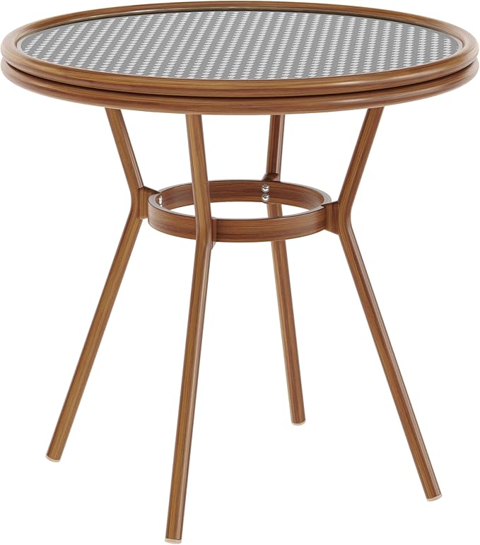 Flash Furniture Lourdes Indoor/Outdoor Commercial Bistro Table - Tempered Glass Top - PE Rattan - Natural Bamboo Print Aluminum Frame - 31.5" - Black/White